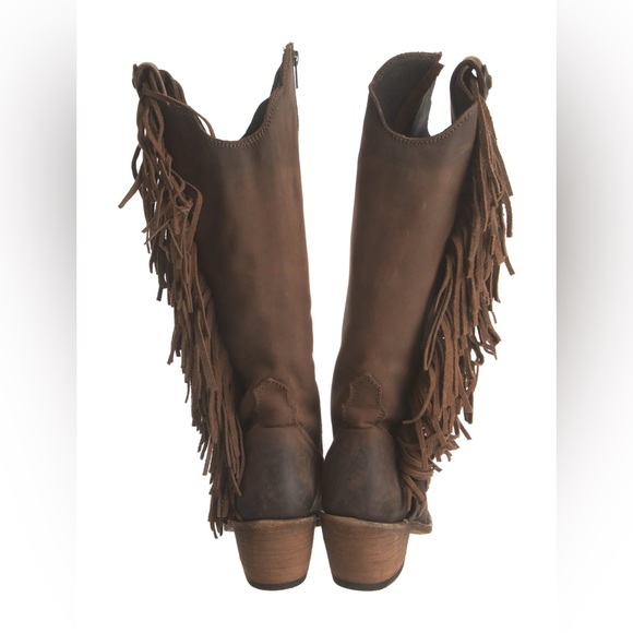Like New, With Box Liberty Black Brown Fringe Trim Heeled Ophelia Cowboy Boots - Picture 6 of 17
